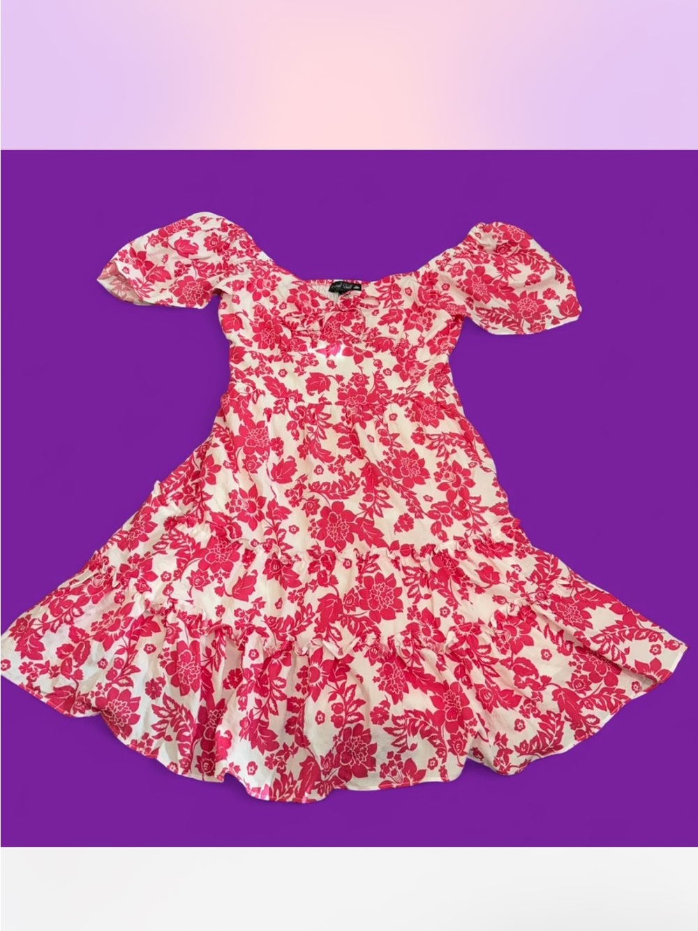Francesca's Collections Pink and White Floral Puff-Sleeve Mini(ish) Dress